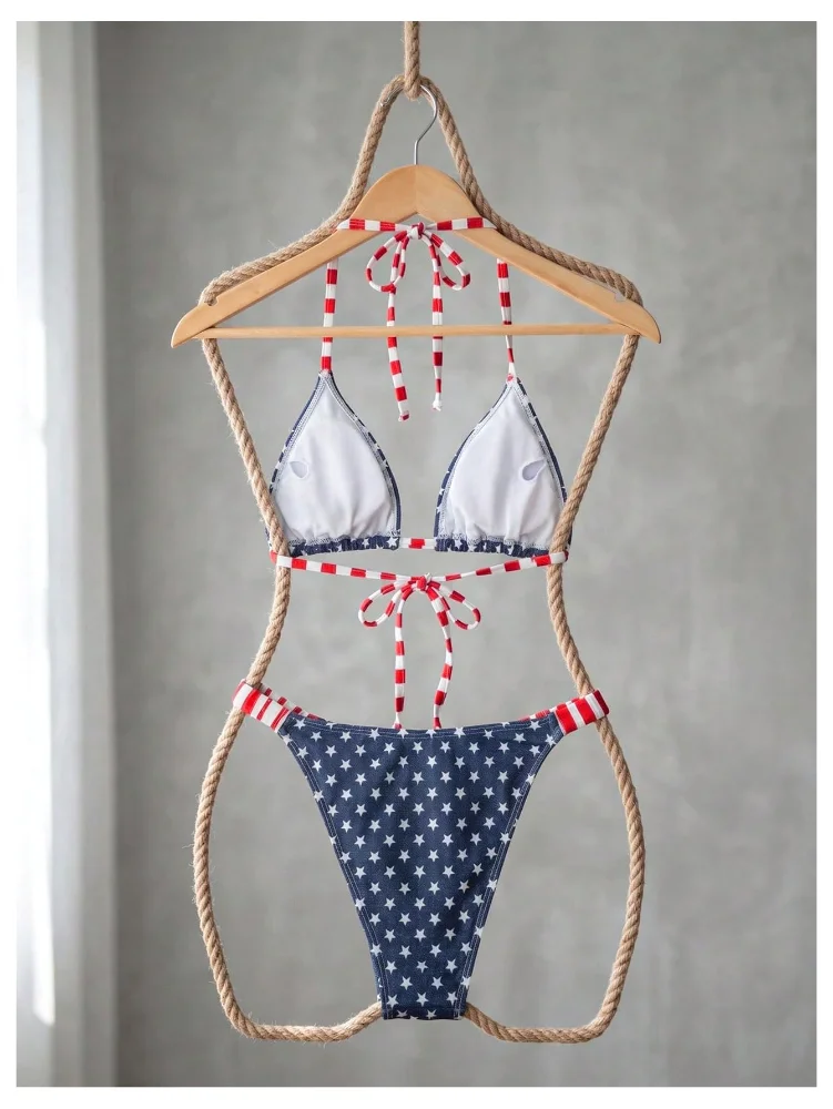 MAKEMECHIC Triangle Thong Tie Bikini Set, halter neck, view 3