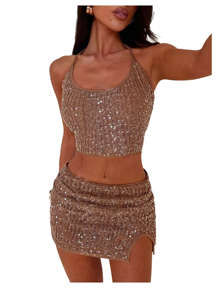 MAKEMECHIC Glitter Sequin Tie Two-Piece Set