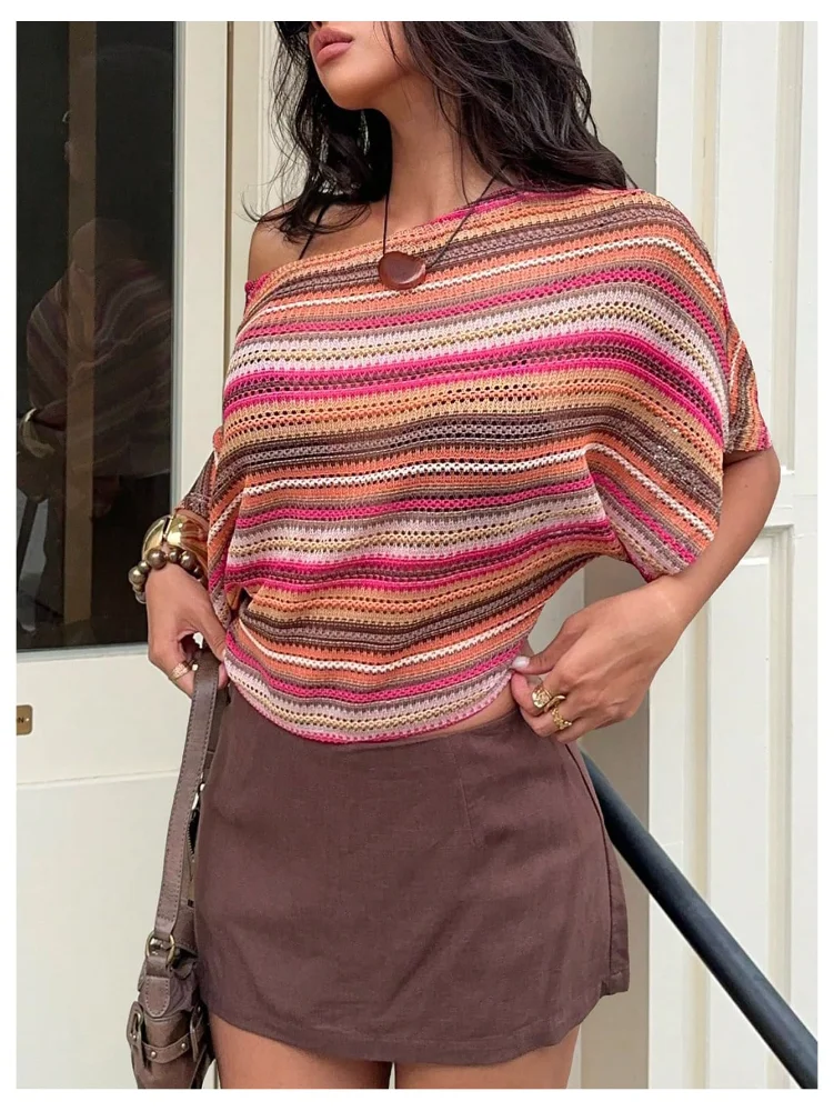 MAKEMECHIC Crochet Striped Off The Shoulder Shorts, view 2