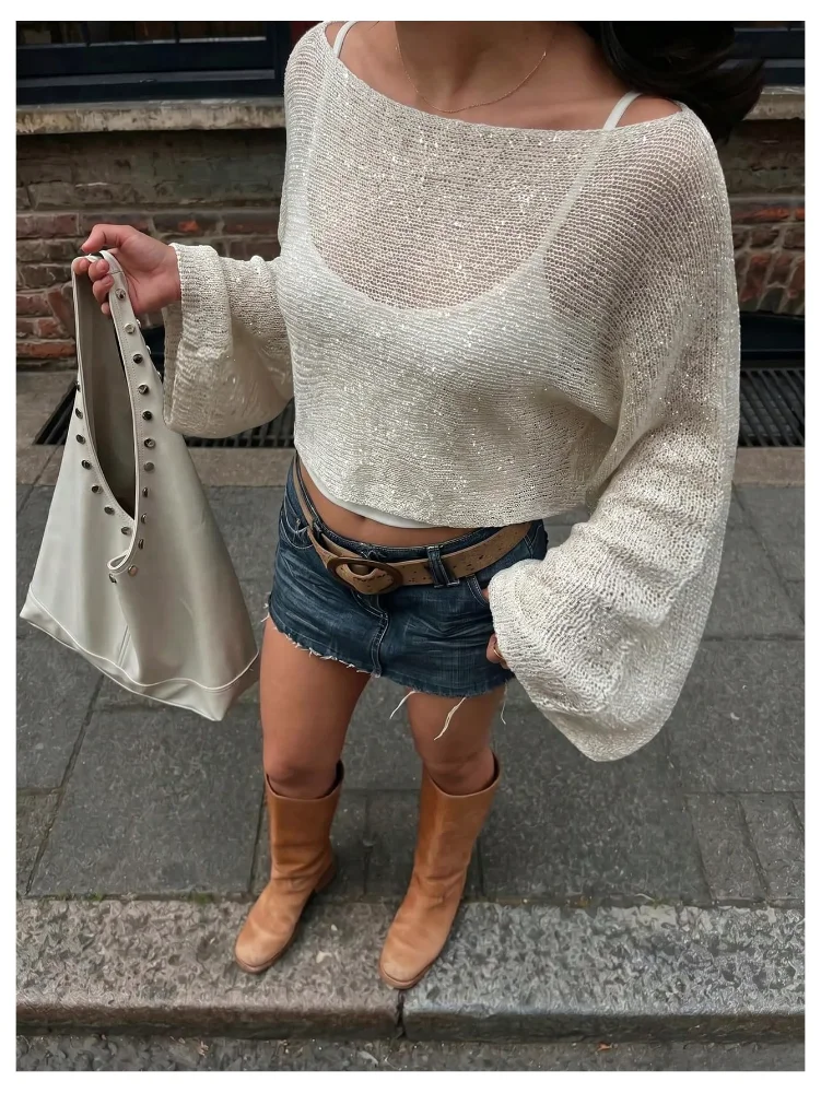 MAKEMECHIC Sparkly Sequin Boat Sweater, view 2