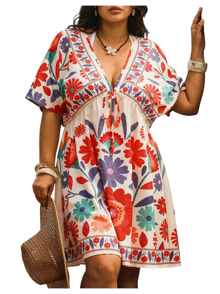 MAKEMECHIC Floral V-Neck Short Sleeve Beach Cover-Up