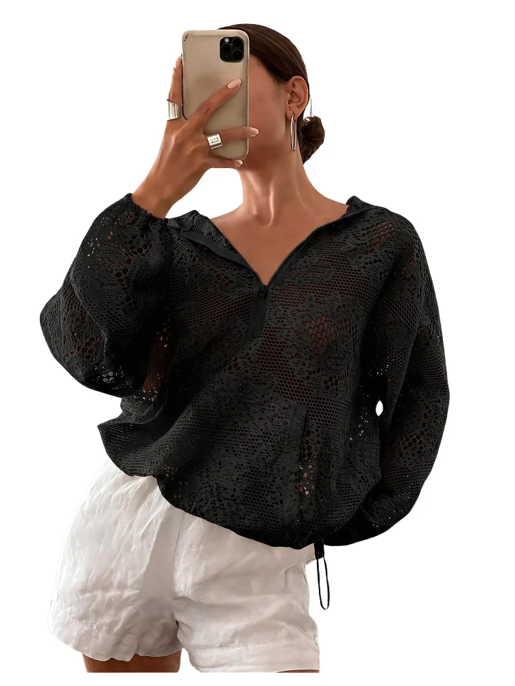 MAKEMECHIC Hollow Half Zip Hoodie