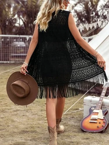 MAKEMECHIC Crochet Fringe Sleeveless Cardigan, view 2