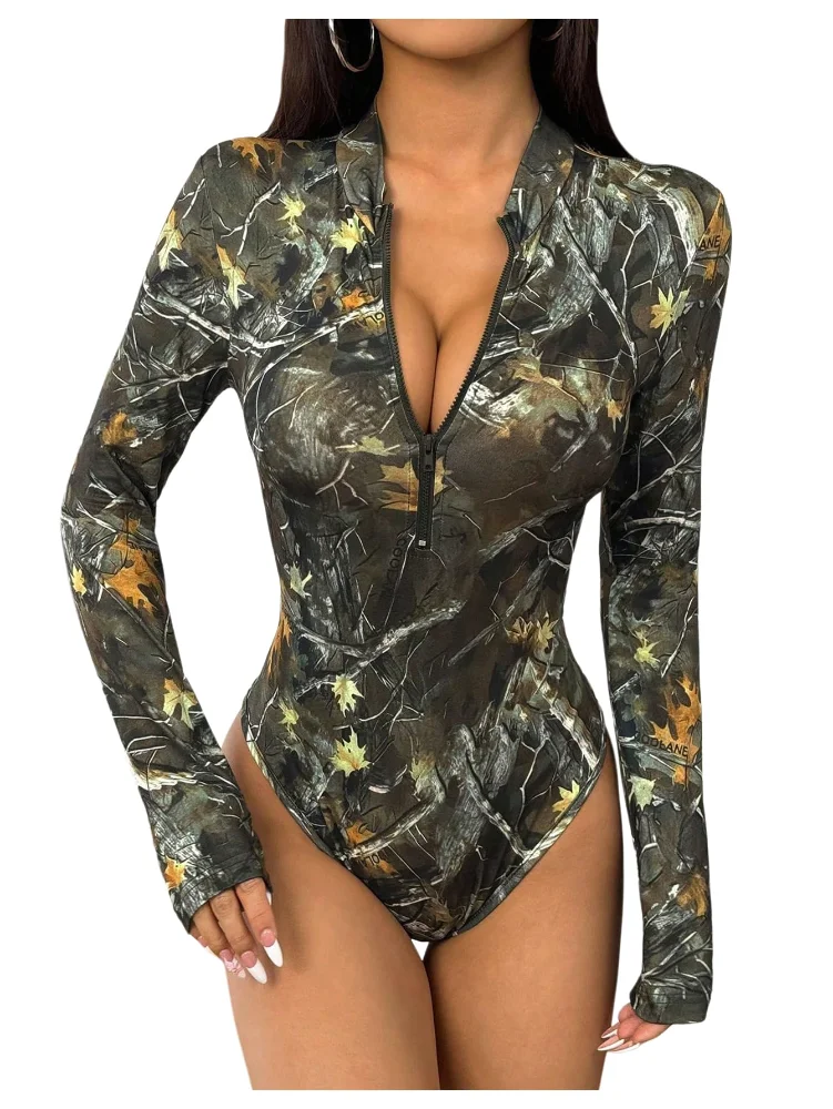 MAKEMECHIC Camo Zip Long Sleeve Bodysuit