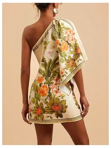 MAKEMECHIC Tropical One Shoulder Hawaiian Mini Dress, sleeveless, view 2