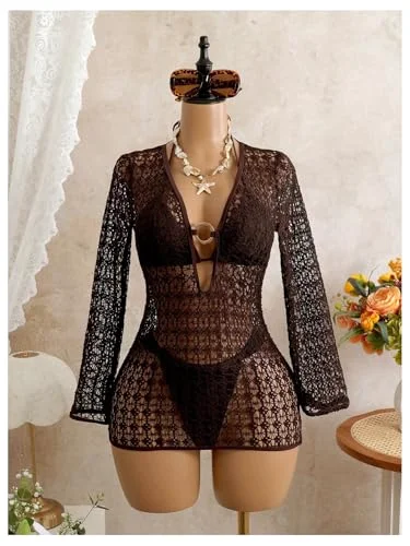 MAKEMECHIC Crochet Bikini Set in Coffee Brown, view 3