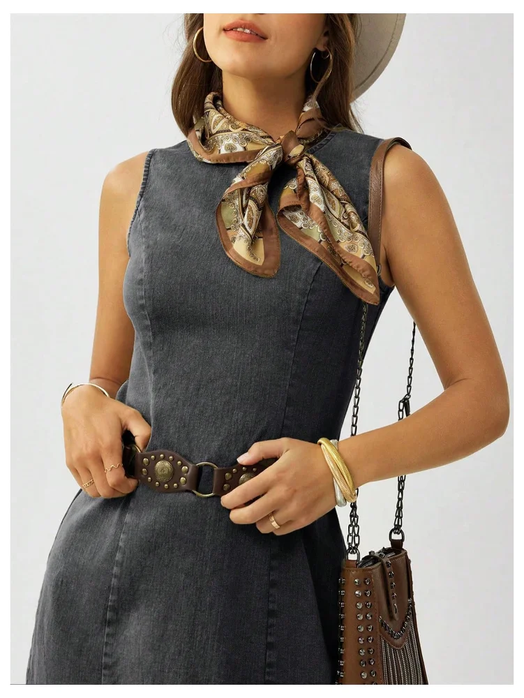 MAKEMECHIC Denim Crew Neck Sleeveless Mini Dress, view 3