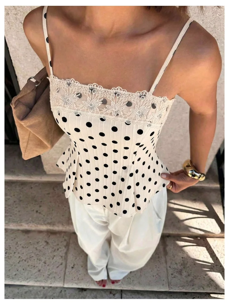 MAKEMECHIC Polka Dot Lace Peplum Tank Top, view 2
