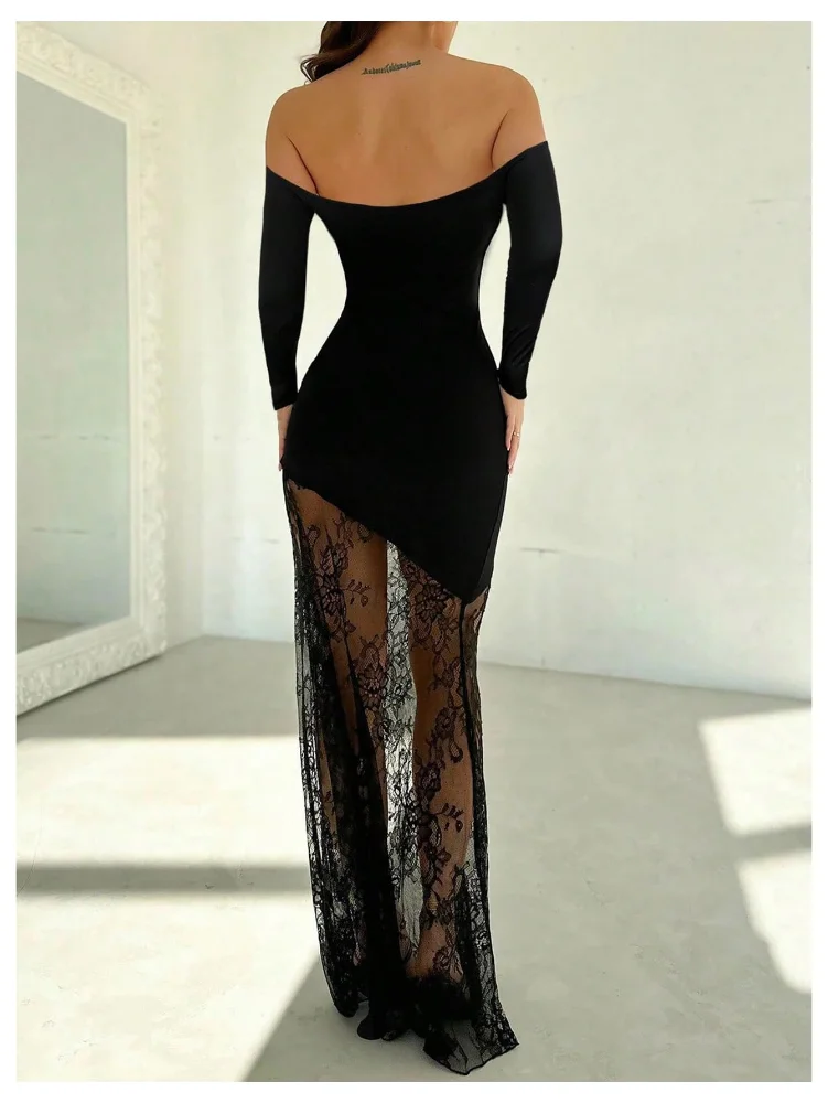 MAKEMECHIC Lace Off The Shoulder Long Sleeve Maxi Dress, view 2