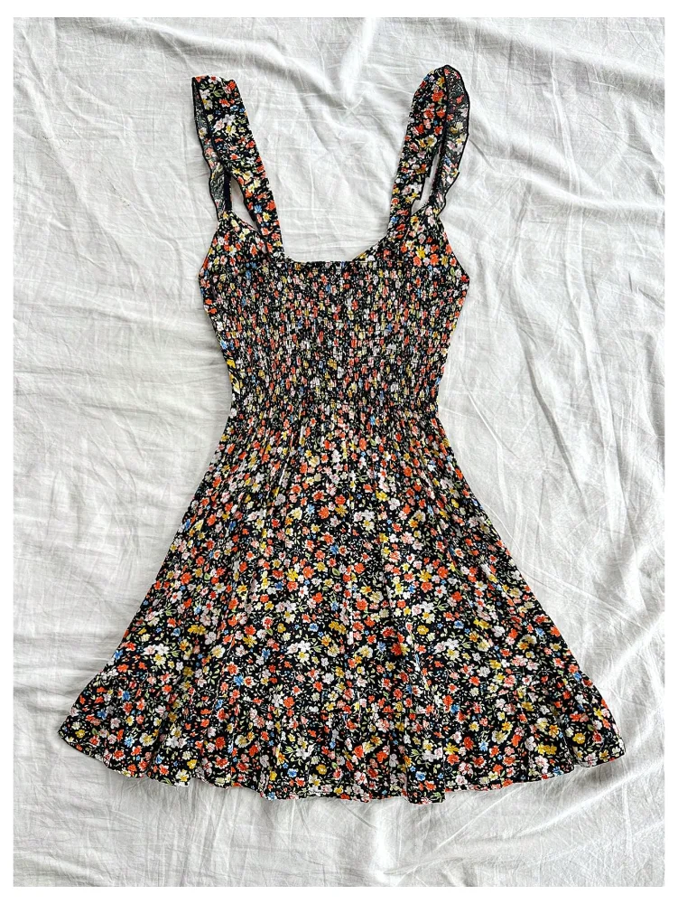 MAKEMECHIC Ditsy Floral Print Shirred Dress, view 3