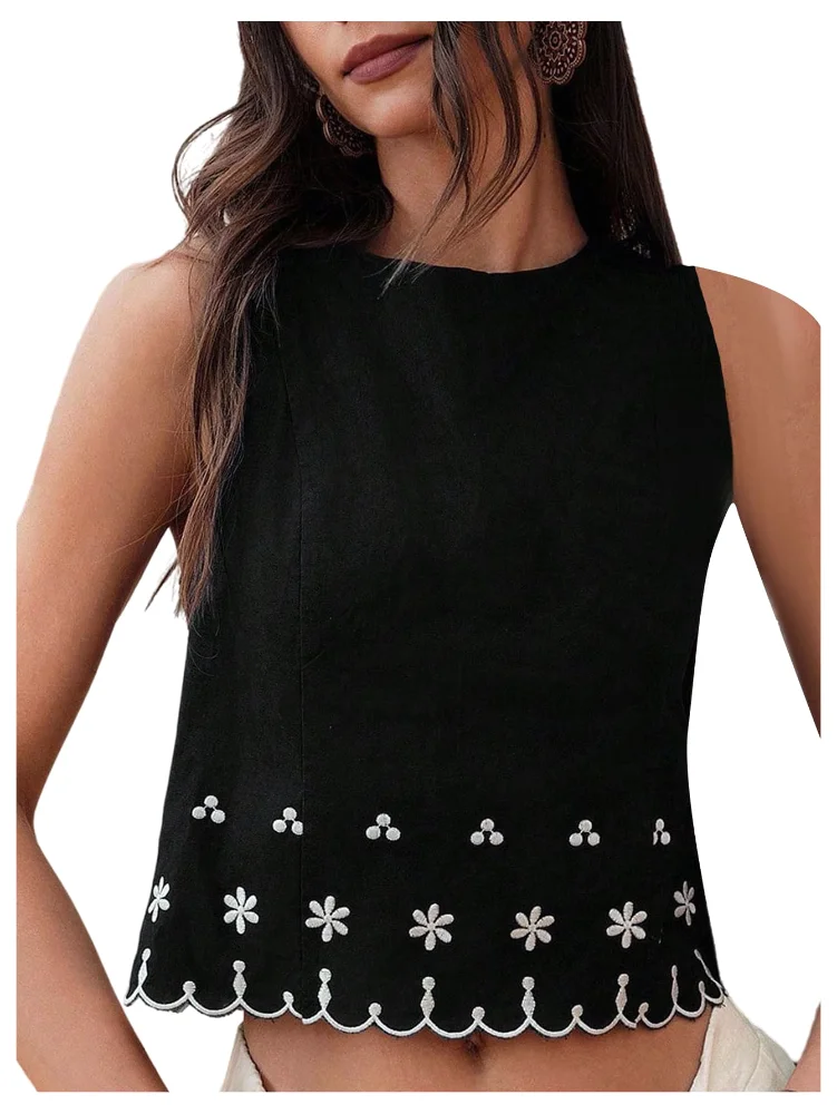 MAKEMECHIC Floral Crewneck Embroidery Crop Top