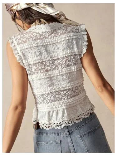 MAKEMECHIC Floral Lace Button Down Blouse, view 3