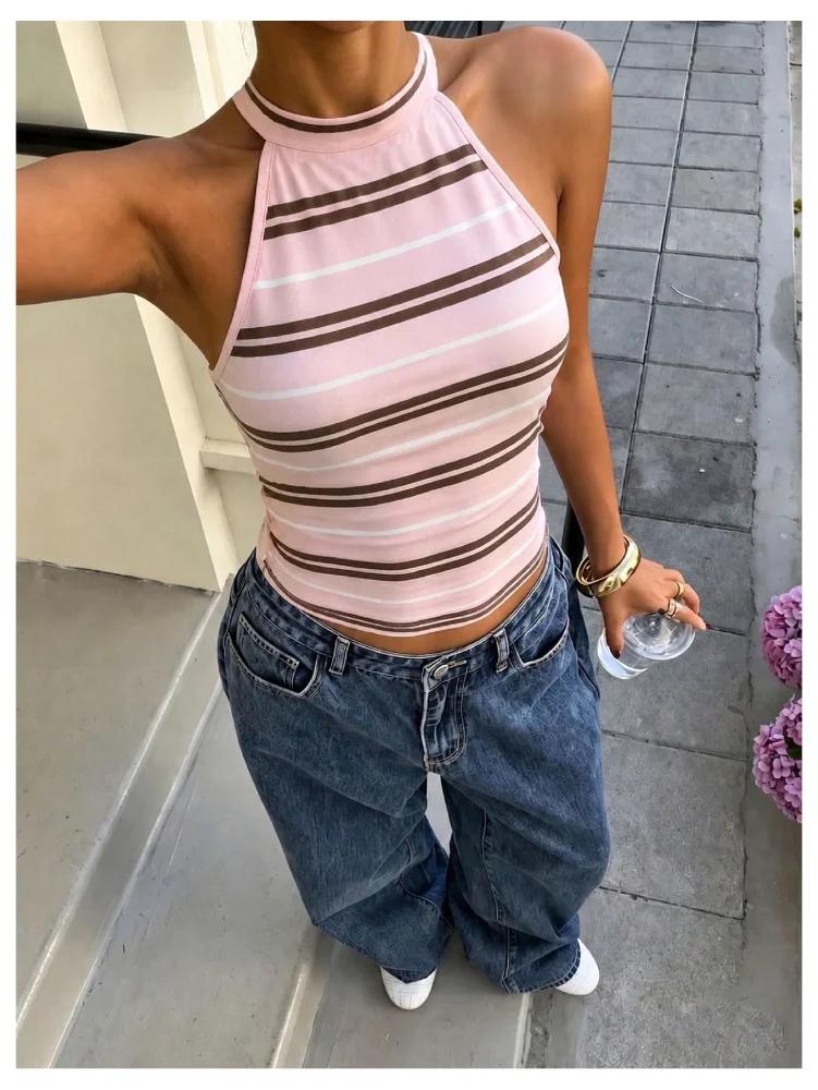MAKEMECHIC Striped Crop Backless Halter Top, view 2
