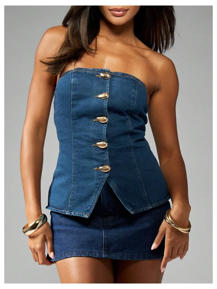 MAKEMECHIC Strapless Denim Metal Vest, view 3