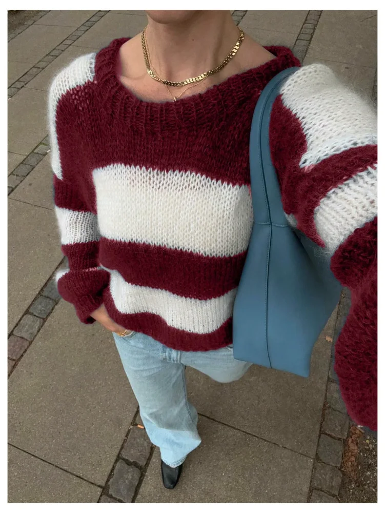 MAKEMECHIC Striped Color Block Crew Neck Sweater, view 3