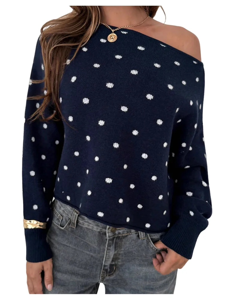 MAKEMECHIC Polka Dot One Shoulder Long Sleeve Sweater