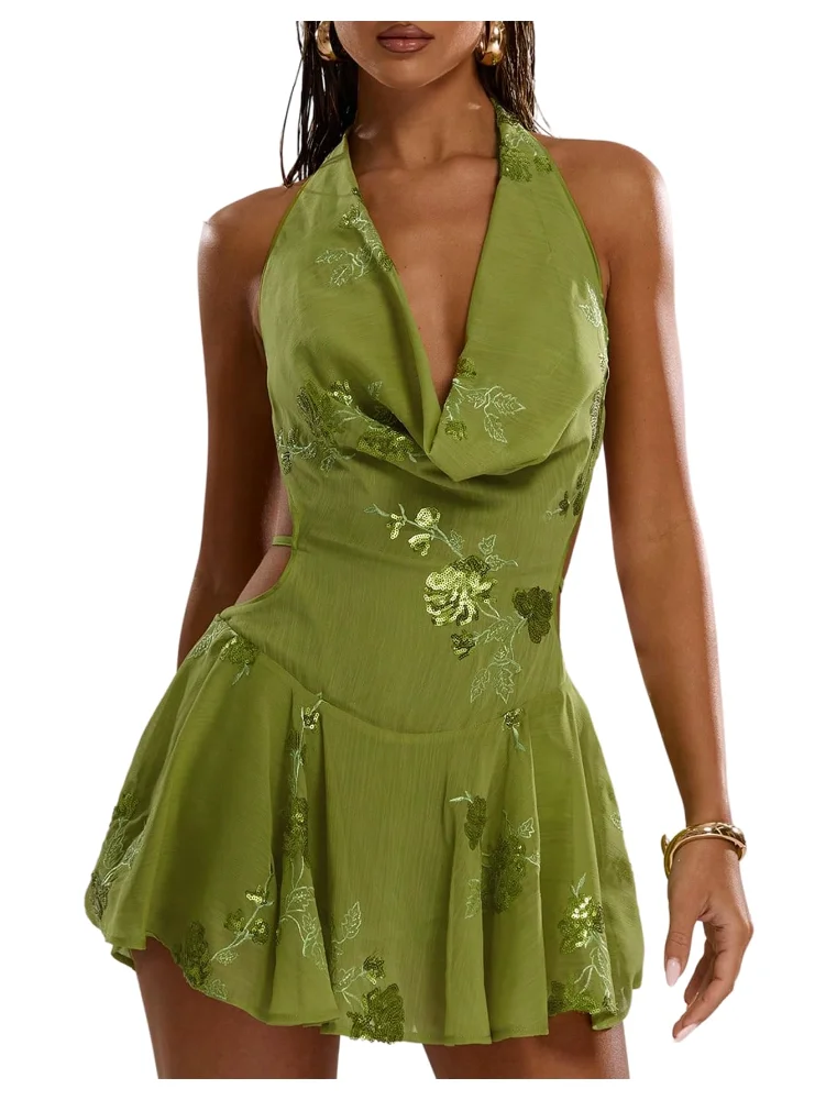 MAKEMECHIC Sequin Draped Floral Mini Dress