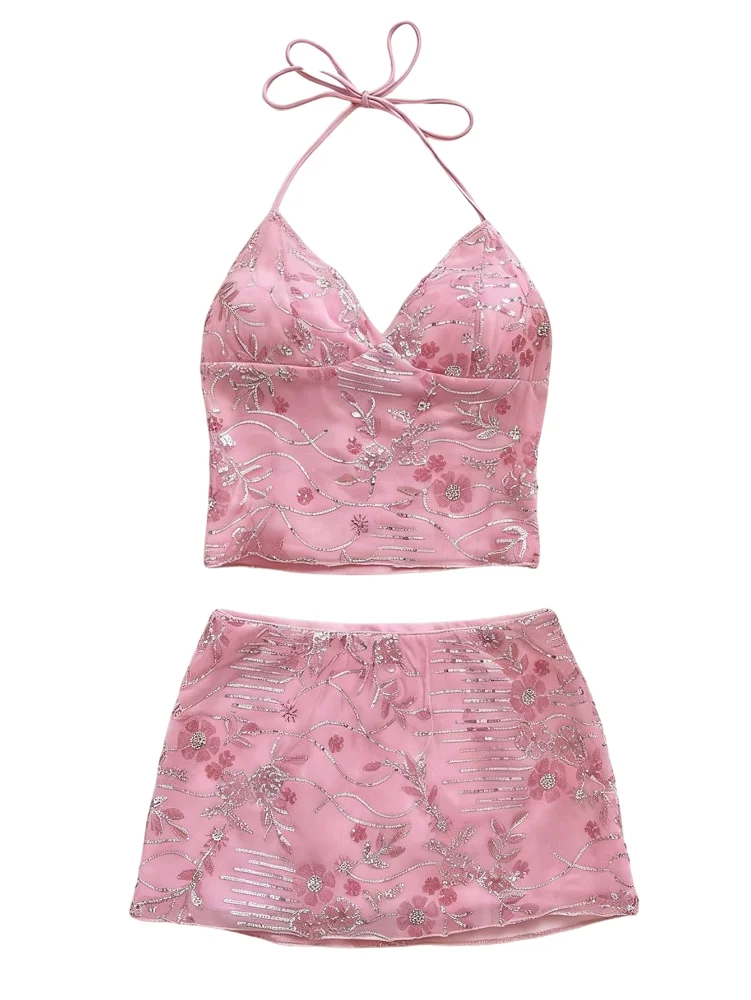 MAKEMECHIC Floral Sequin Sparkly Skirt Set