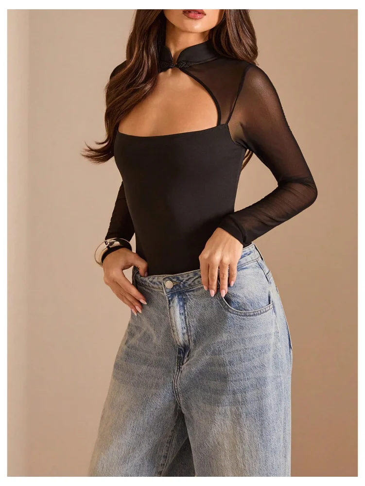 MAKEMECHIC Mandarin Collar Mesh Bodysuit, view 2
