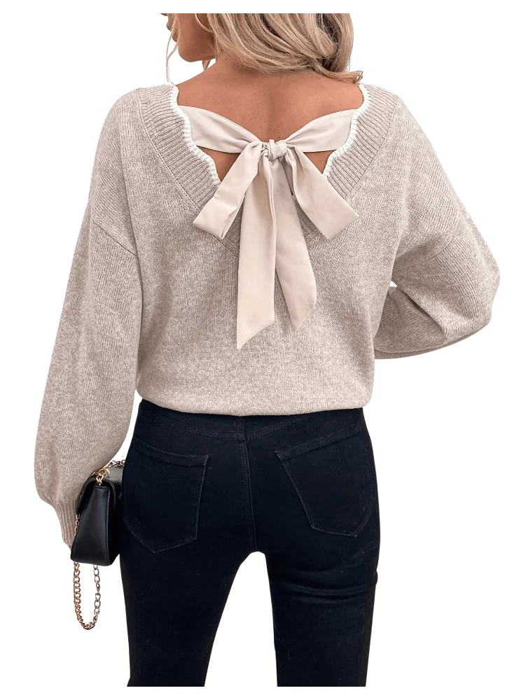 MAKEMECHIC Bow Scallop Trim Sweater