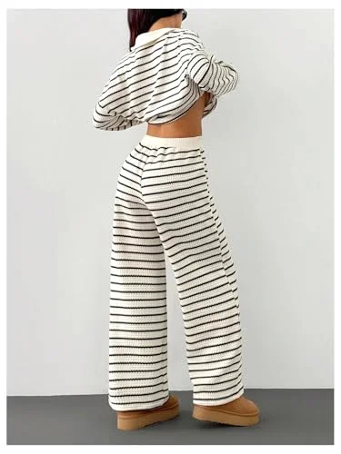 MAKEMECHIC Striped Long Sleeve Collared Pants Set, view 2