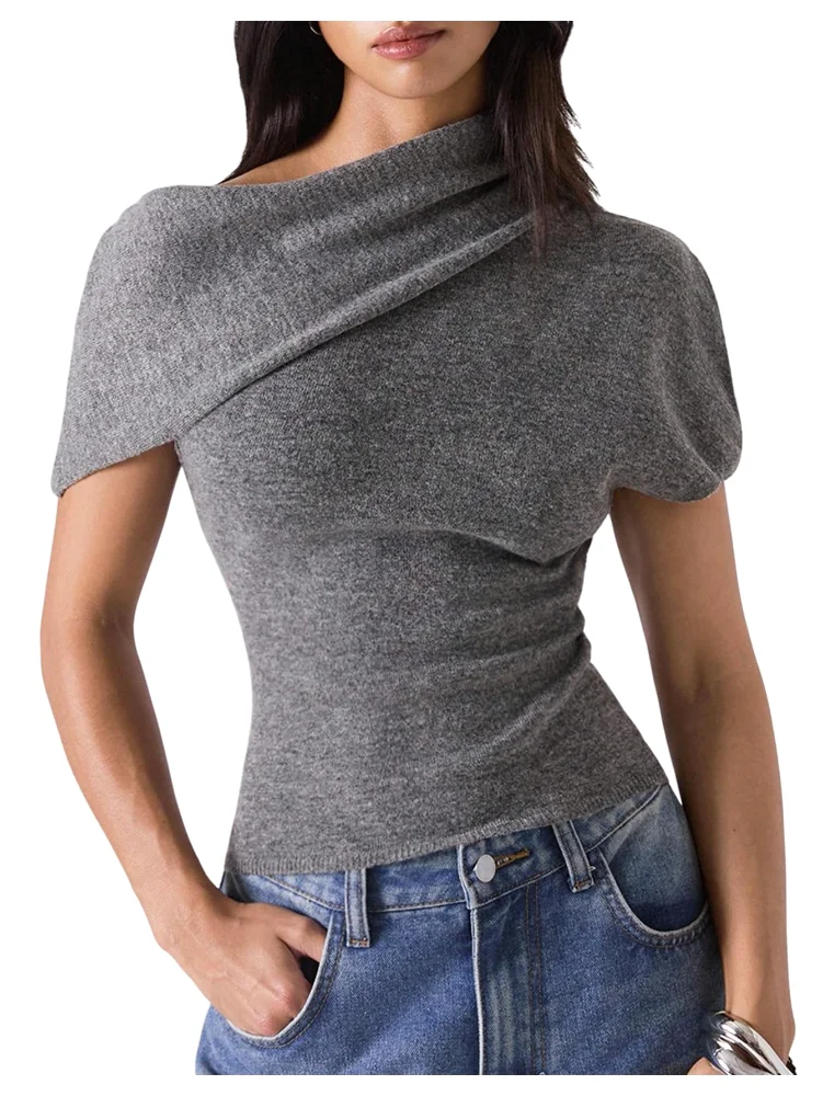 MAKEMECHIC Cropped Short Sleeve Asymmetrical Sweater