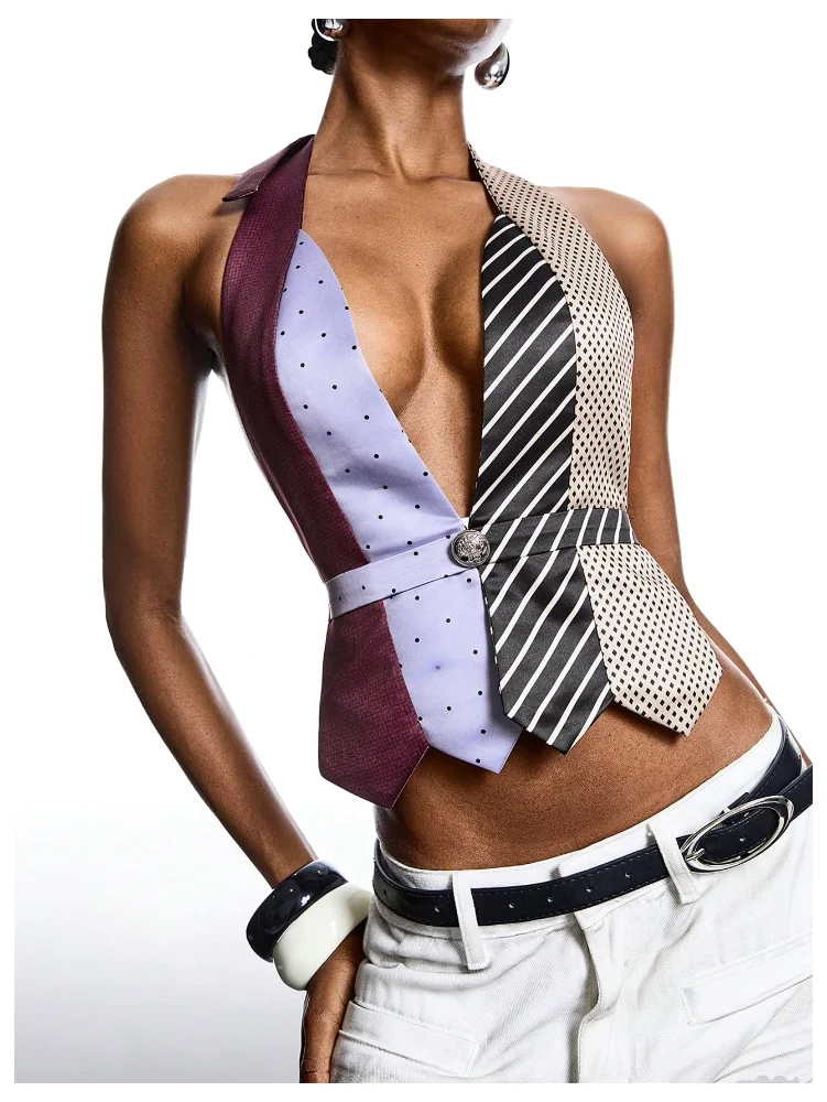 MAKEMECHIC Polka Dot Striped Halter Top, view 3