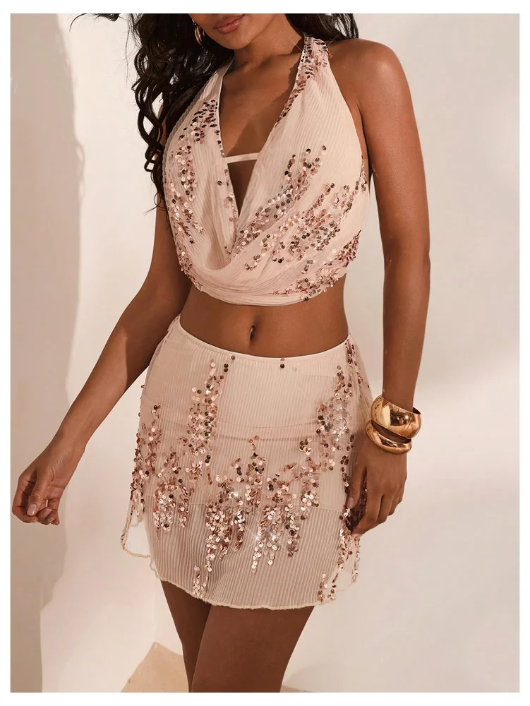 MAKEMECHIC Sequin Glitter Draped Skirt Set, view 2