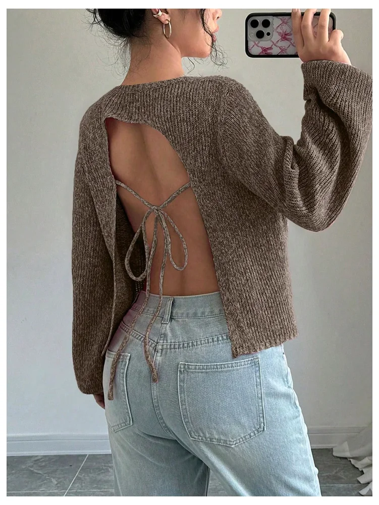 MAKEMECHIC Open Back Tie Backless Sweater, view 2